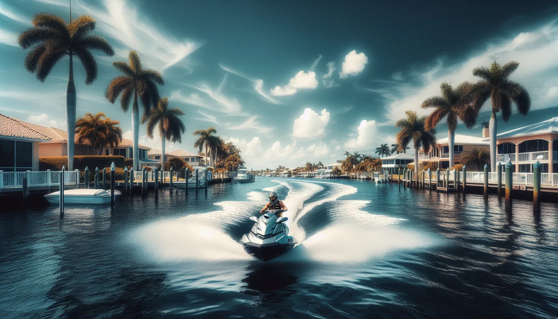 Jet skis navigating Cape Coral canal system with waterfront homes and bridges visible