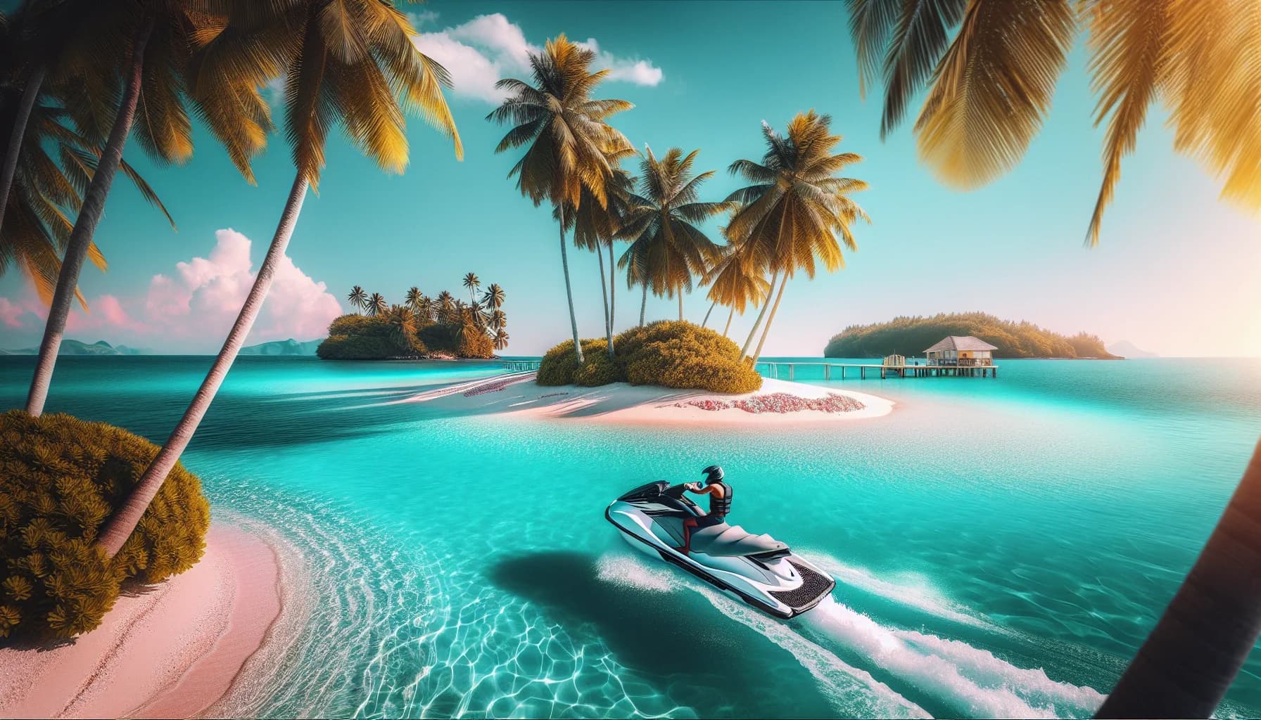 Jet skis approaching Captiva Island beach with lighthouse visible in distance