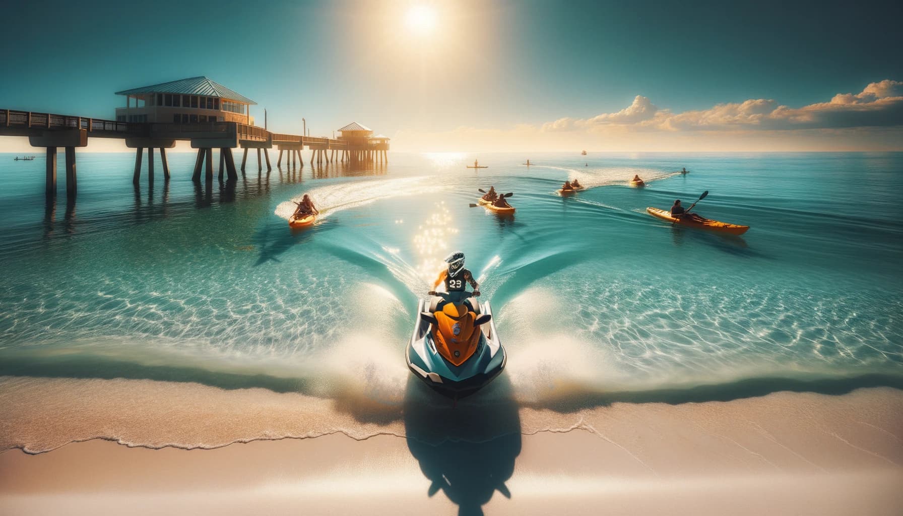 Jet ski maintaining safe distance from group of kayakers in Clearwater waters