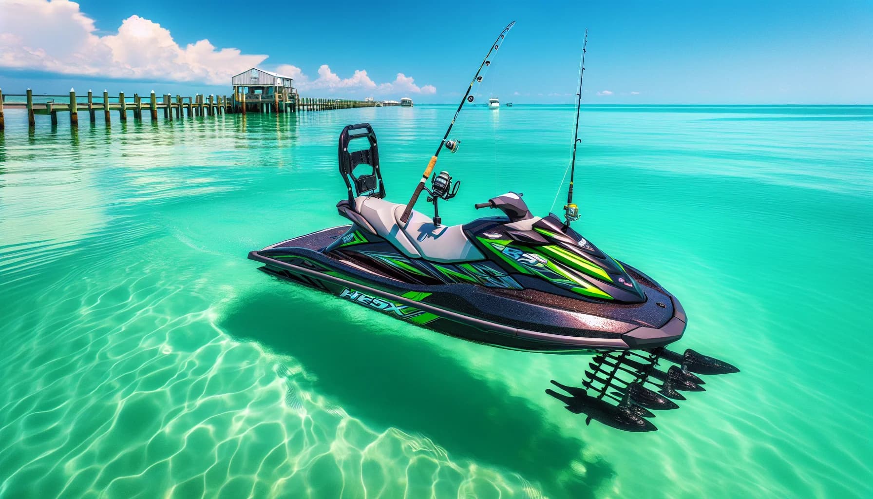 Angler fishing from equipped jet ski in Destin emerald waters with rod bent