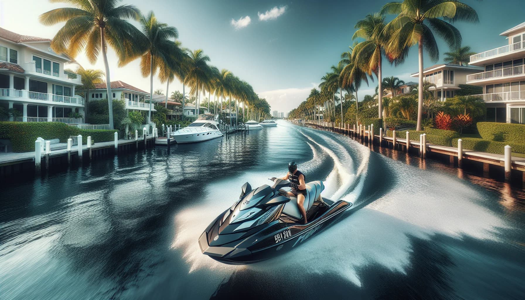 Boats navigating Fort Lauderdale Intracoastal Waterway near Las Olas Bridge
