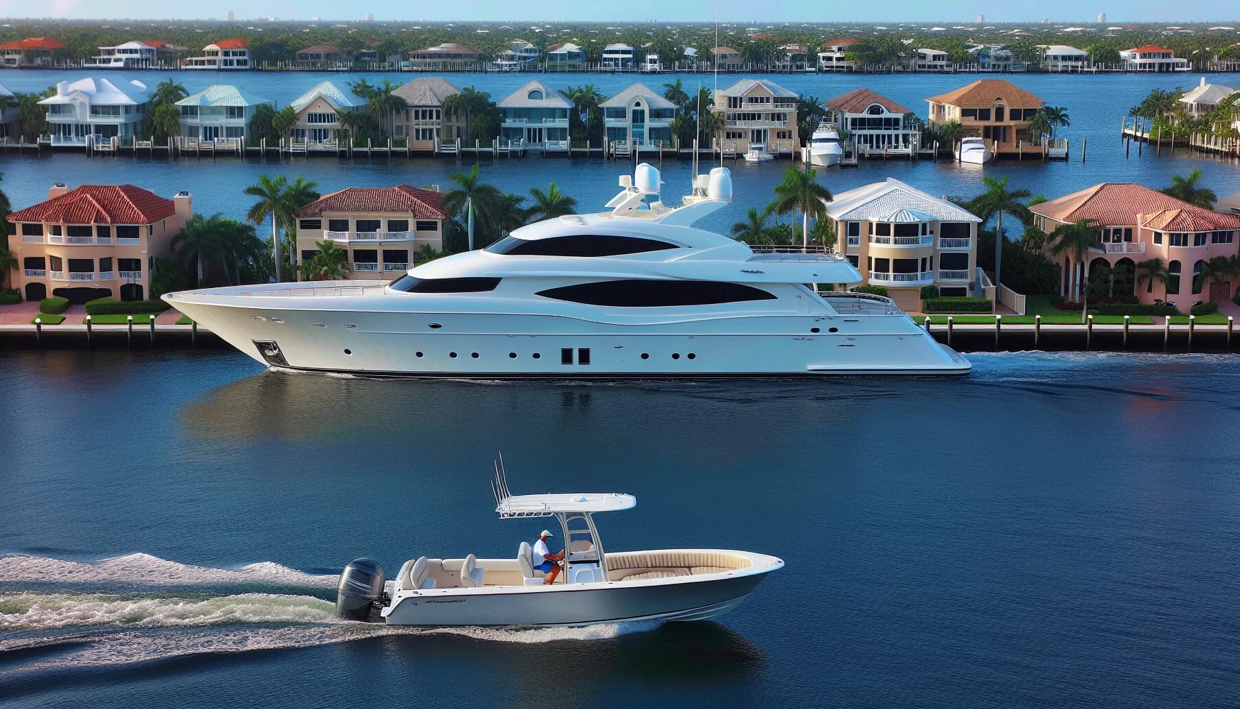 Small boat properly passing mega yacht in Fort Lauderdale ICW with minimal wake