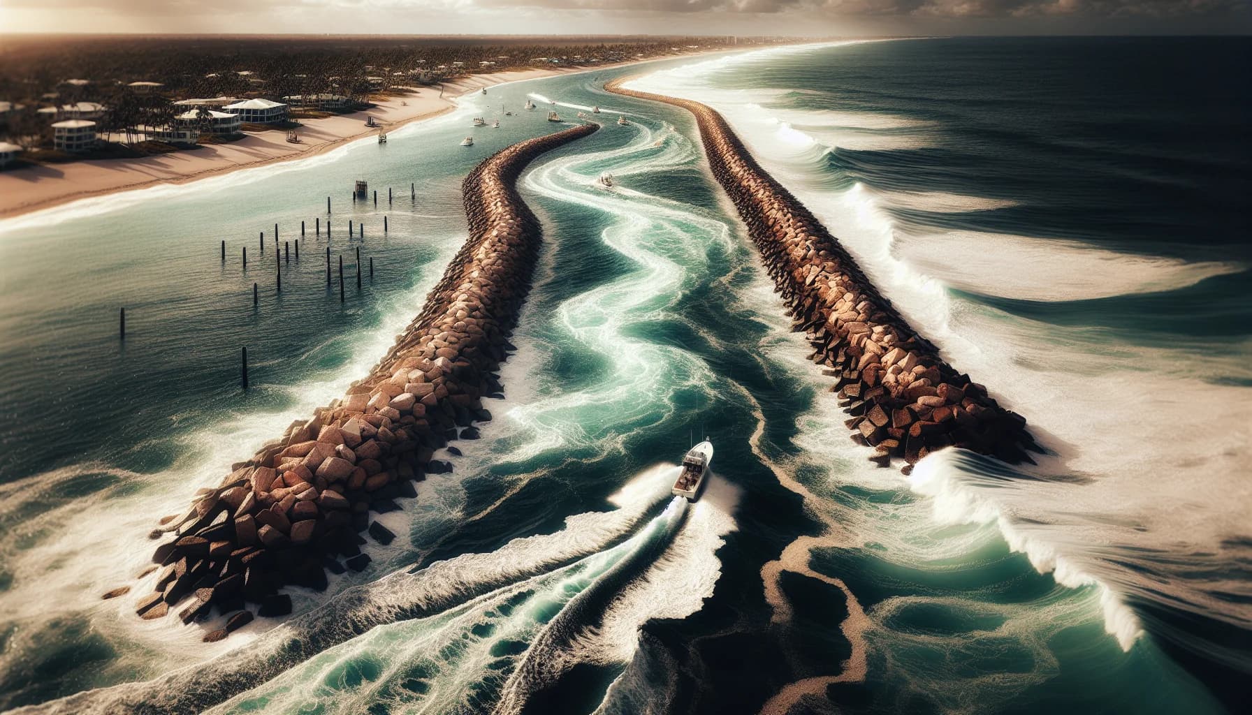 Boat navigating Lake Worth Inlet with breaking waves showing proper crossing technique