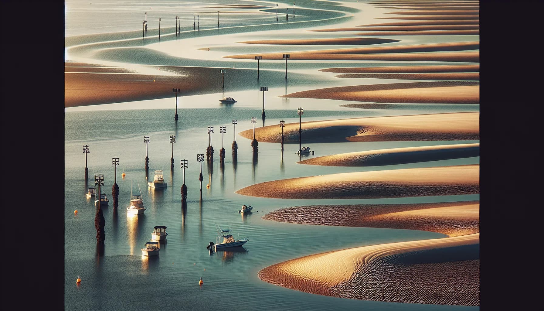 Boat navigating shallow waters at Madeira Beach with visible tide markers and sand bars