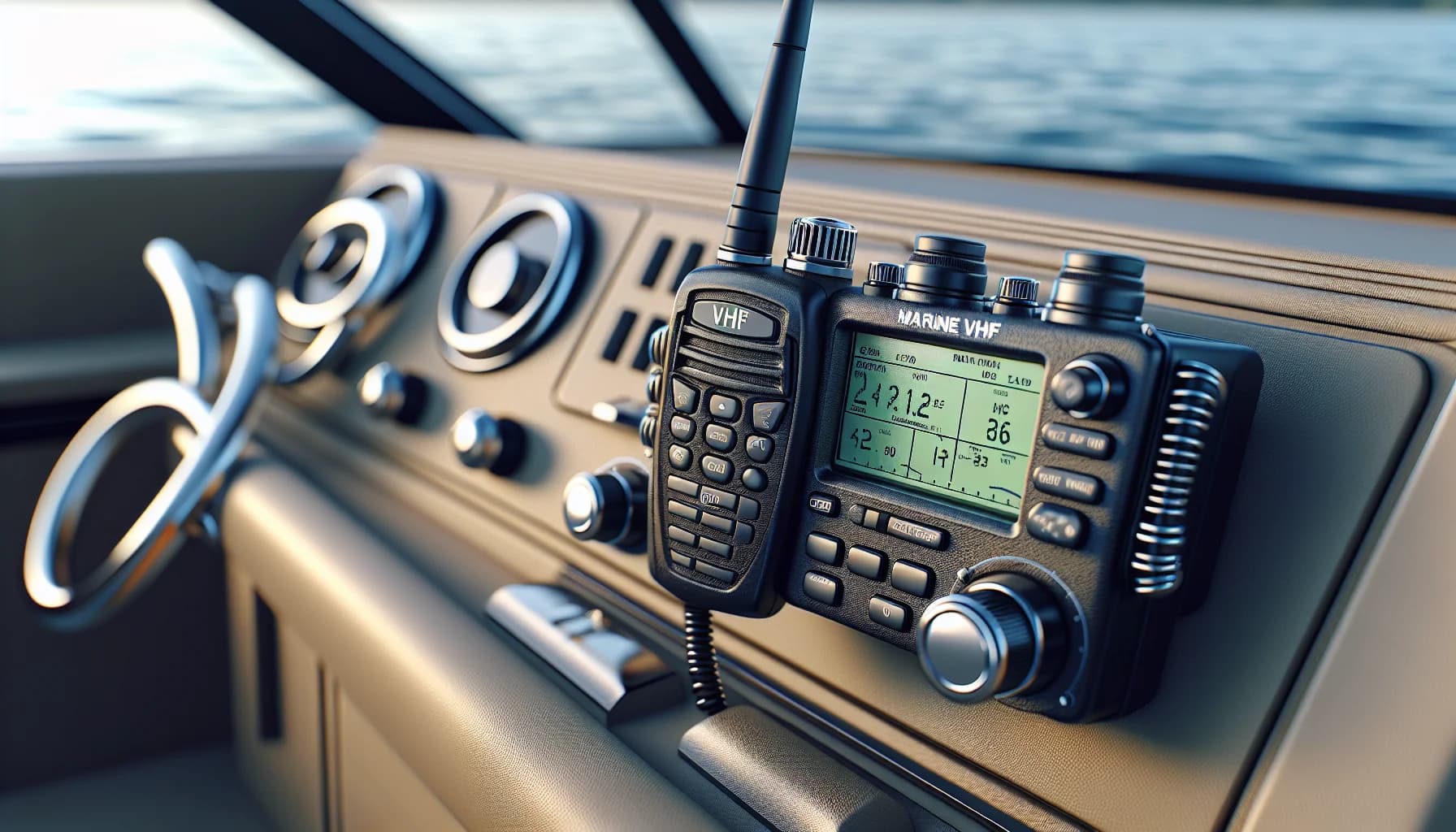 VHF marine radio on boat console with Palm Beach waterways in background