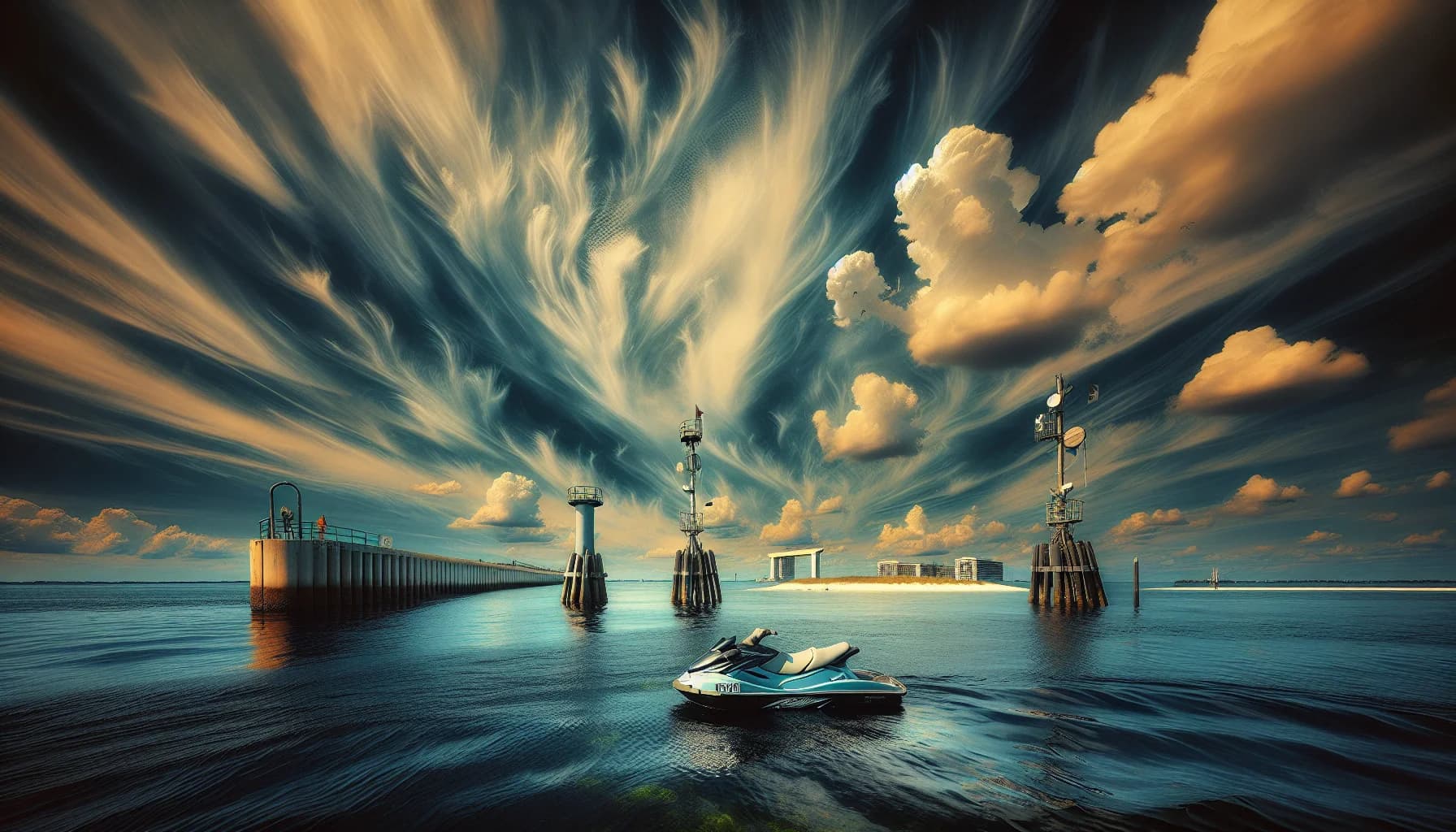 Jet ski riders in calm Pensacola Bay waters with Pensacola Pass visible in distance