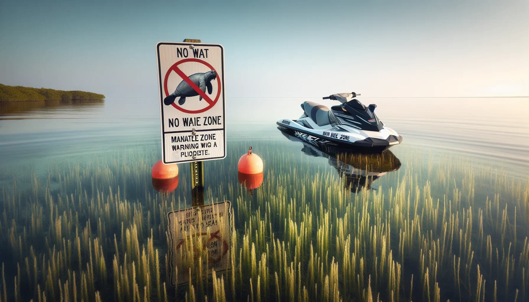 No-wake zone sign in Tampa Bay with manatee warning and boats in background