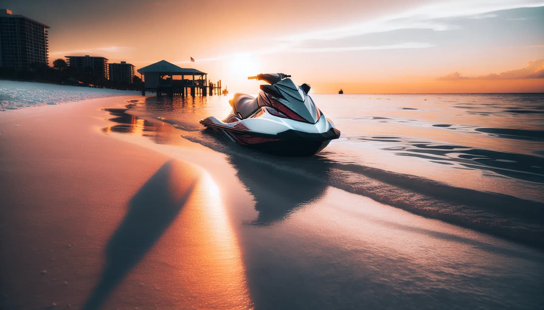 Jet ski properly anchored in legal beach zone at Treasure Island with beach in background
