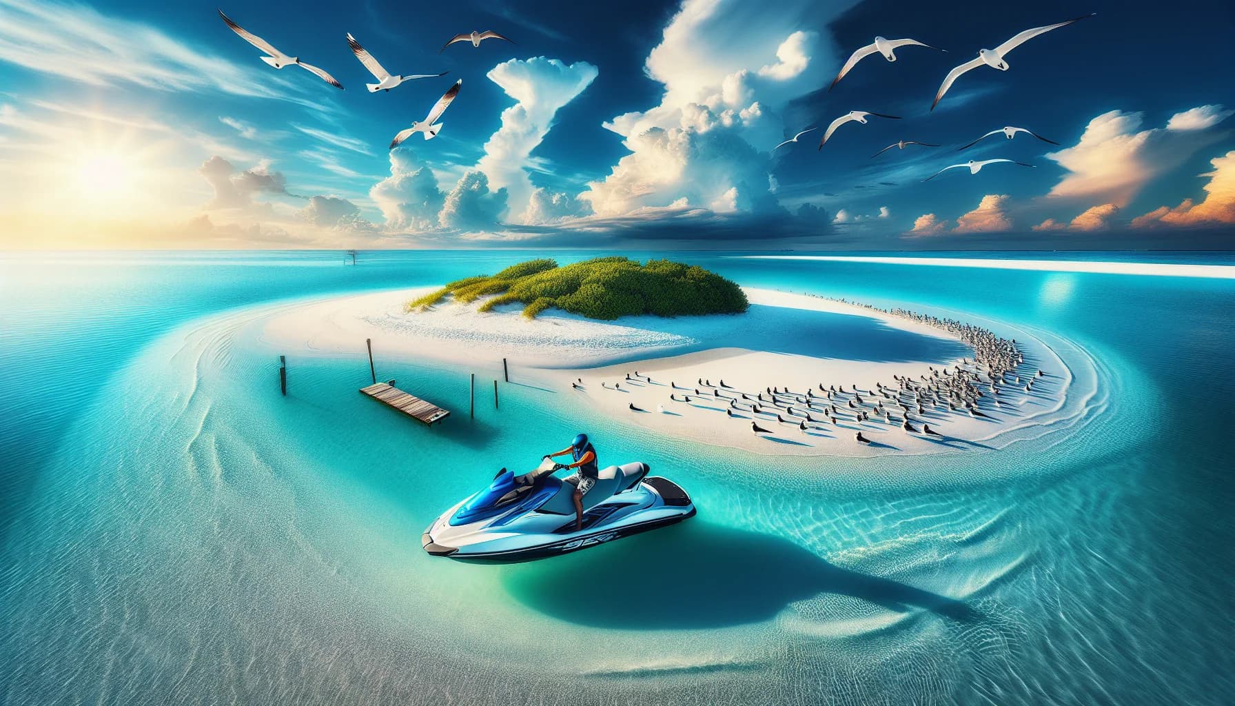 Hidden sandbar with crystal clear water and jet skis anchored near Treasure Island Florida