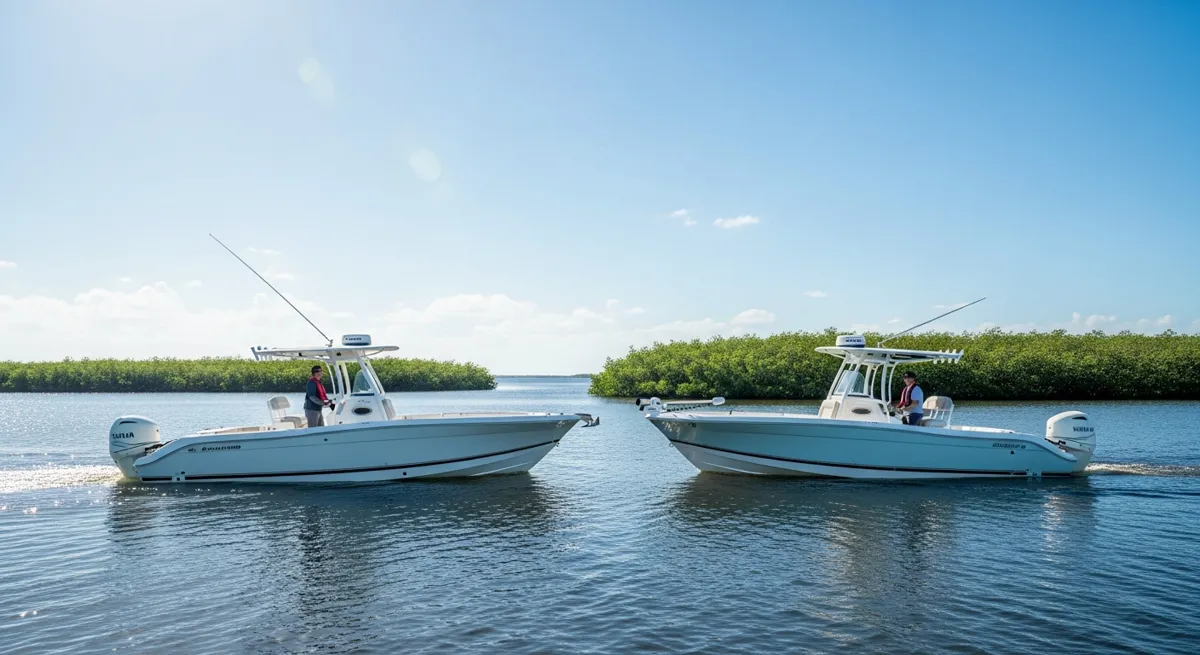 Two center console boats meeting head-on near mangroves, a right-of-way situation boating courses teach